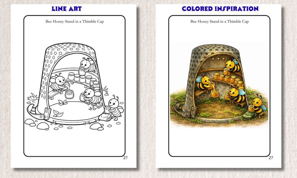 Bee Honey Stand - Line Art to Color - Cozy Beginning of Mini Hidden Marvels