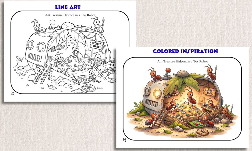 Ant Treasure Hideout -Line Art to Color - Tiny Towns & Gentle Days book of Mini HIdden Marvels