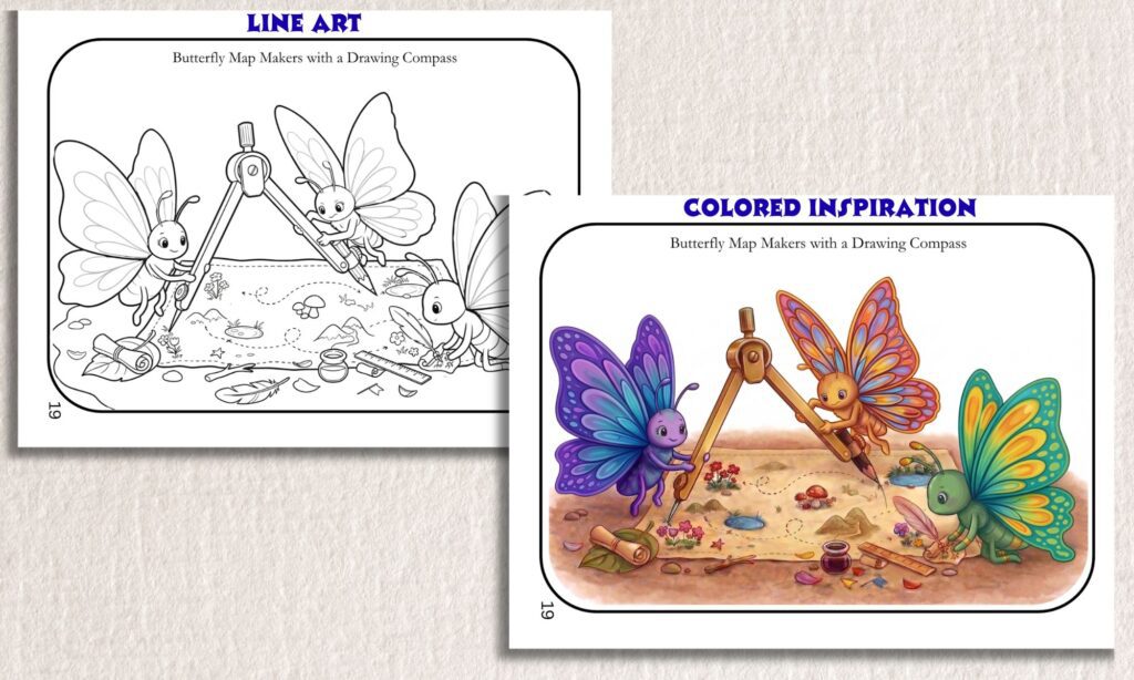 Butterfly Map Makers -Line Art to Color - Tiny Towns & Gentle Days book of Mini Hidden Marvels