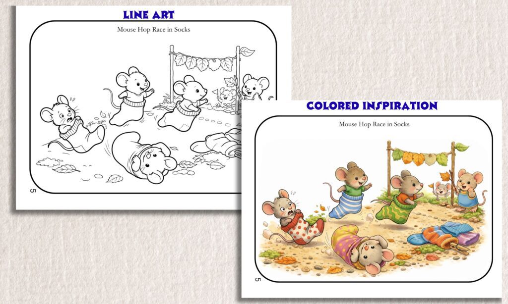 Mouse Sack Hop -Line Art to Color - Tiny Towns & Gentle Days book of Mini Hidden Marvels