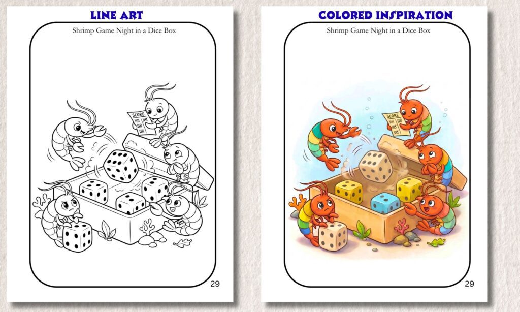 Shrimp Game Night -Line Art to Color - Tiny Towns & Gentle Days book of Mini Hidden Marvels