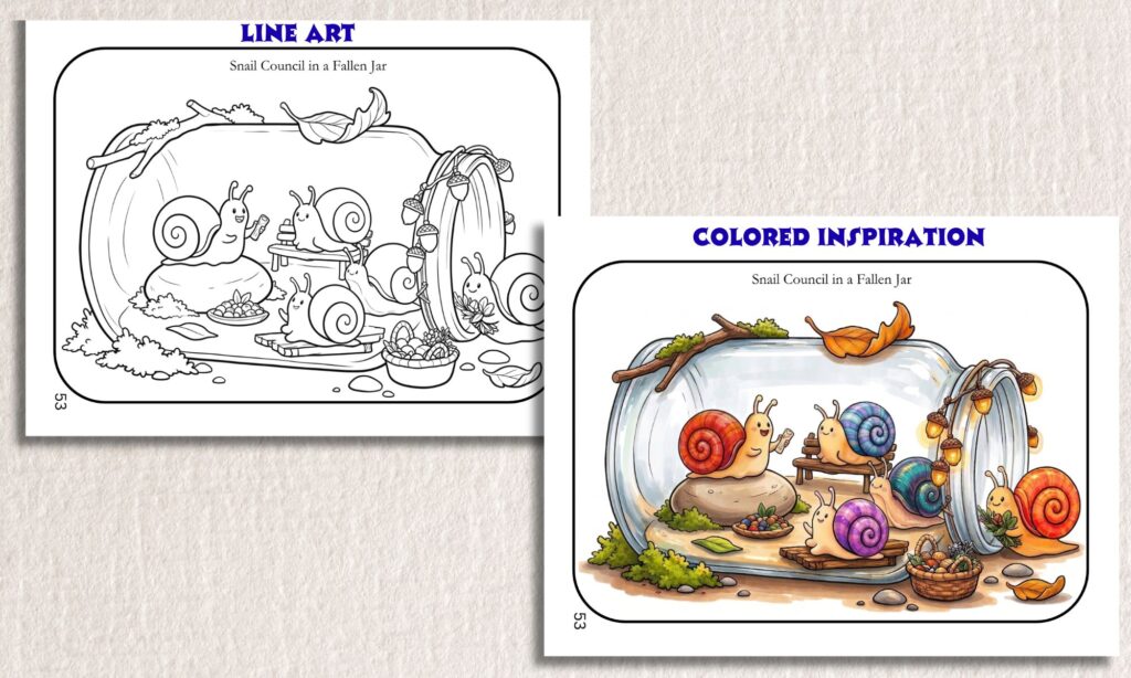Snail Council -Line Art to Color - Tiny Towns & Gentle Days book of Mini Hidden Marvels